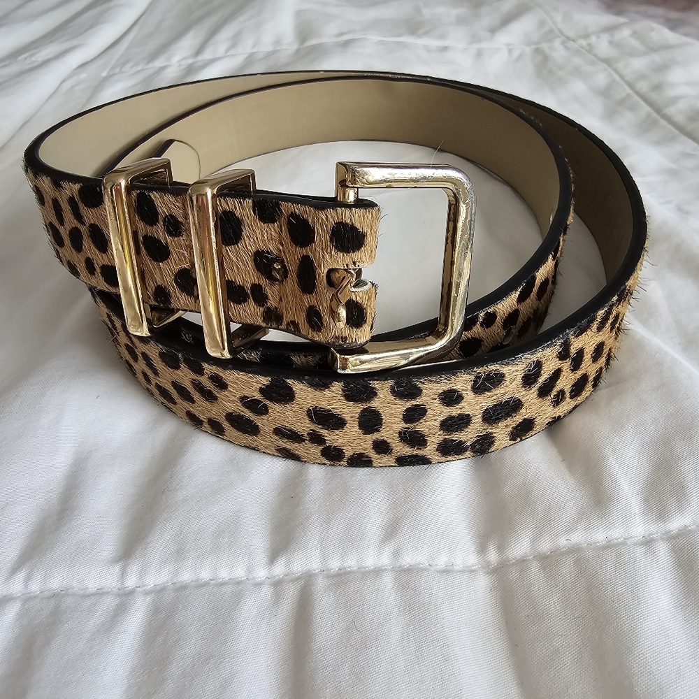 LOFT tan black leopard print leather calf hair belt